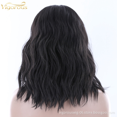 Vigorous quality free part deep wave curly short black realistic pre plucked lace front heat resistant synthetic blend wig